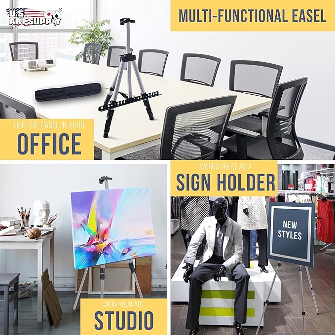U.S. Art Supply 66" Silver Metal Tripod Easel Display - Adjustable 18"- 5.5', Holds 36" Canvas - Floor/Tabletop Easel Stand, for Sign Display, Painting, Poster Board, Canvas - Portable Bag