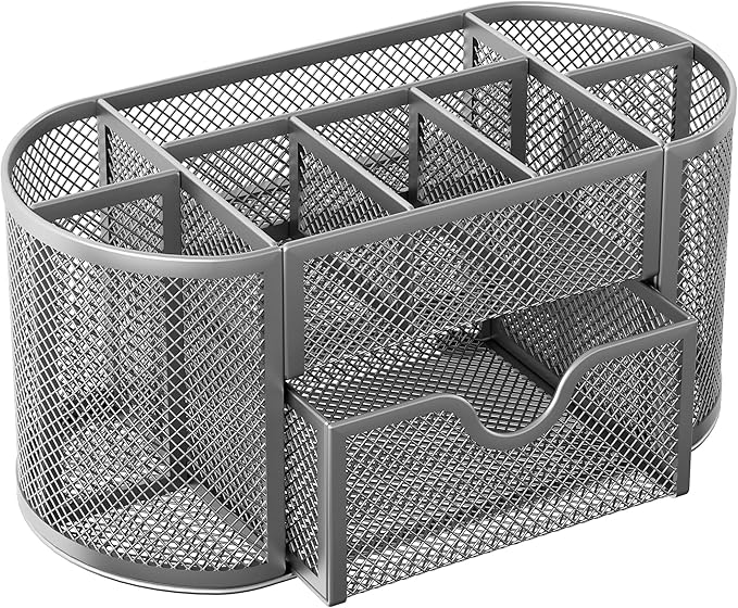 EasyPAG Mesh Pen Holder Desk Organizer with Drawer Stationery Supplies Organizer for Dorm School 9 Compartments Workspace Desk Accessories Organization for Office, Silver