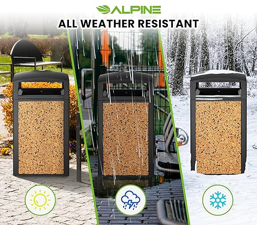 Alpine Outdoor Commercial Trash Can with Lid - 40 Gallon Heavy Duty Metal Garbage Can with Removable Bin, Locking Lid & a Modern Look in Park & High Traffic Areas (Black, Brown Stone Panels with Tray)