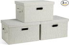 Graciadeco Medium 15" 21 Quart Collapsible Stackable Storage Bins with Lids, 3 Packs Beige Foldable Fabric Closet Boxes Heavy-duty Linen Cube Baskets Container for Bedroom Office (15 x 11 x 8)