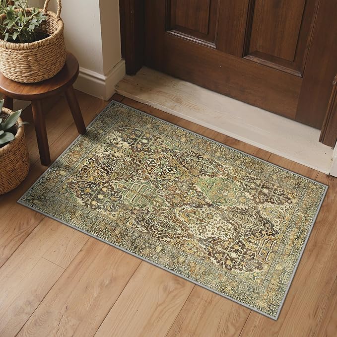 GENIMO Area Rug 2x3 Doormat, Machine Washable Low Pile Rugs, Small Retro Chenille Entryway Mat for Entrance, Hallway, Kitchen and Corridor, Bronze Olive