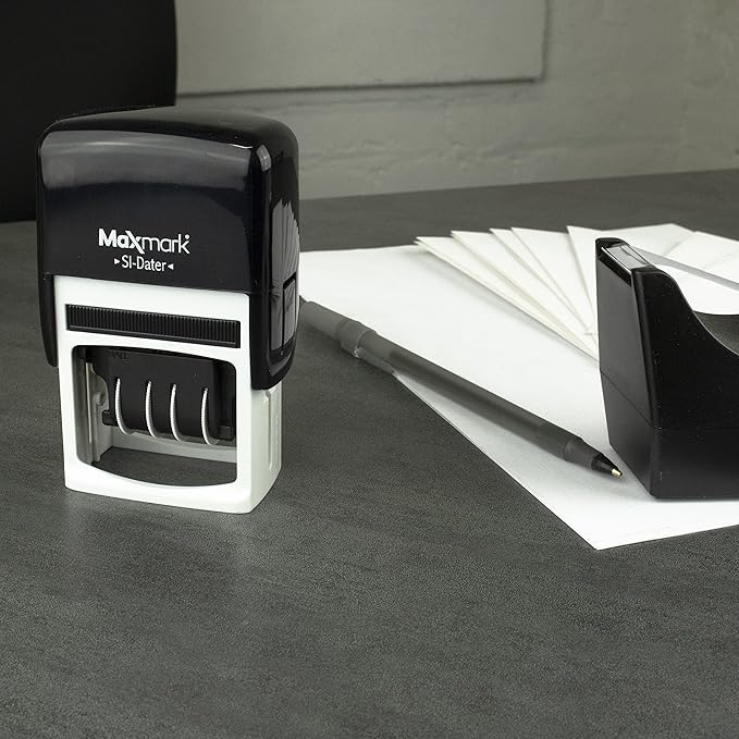 MaxMark Office Self Inking Date Stamp with Phrase Revised - Red Ink