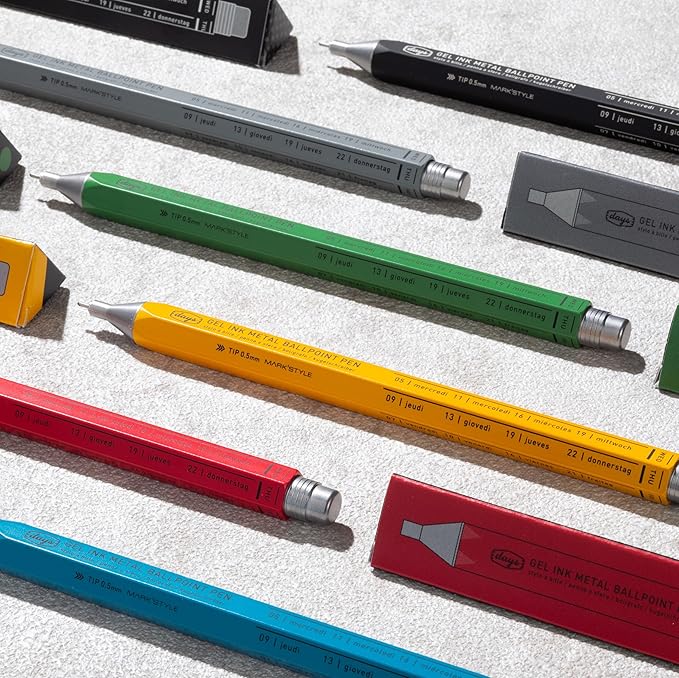 MARK'STYLE days, Gel Ink Metal Ballpoint Pen - 0.5mm Retractable Black Ink, Retro styling Light Weigh Pen, Made in Japan- Perfect for School, Office, and Journaling (Gray)
