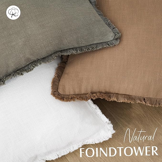 Foindtower Set of 2 Decorative Linen Fringe Throw Pillow Covers Cozy Boho Farmhouse Cushion Cover with Tassels Soft Accent Pillowcase for Couch Sofa Bed Living Room Home Decor,18×18 Inch,White