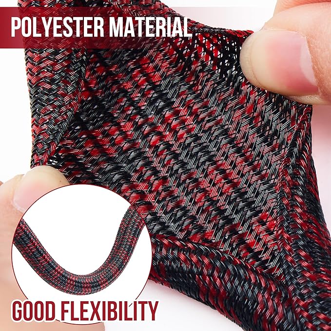 QCSIW Split Cable Sleeve, 3/4" 25ft Black Red Braided Wire Loom for Home Cable Management, Pet Chew Protection and DIY Cord Organizer for Desk and Home Theater