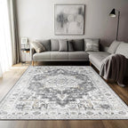GENIMO 8x10 Area Rugs for Living Room, Machine Washable Vintage Non Slip Rugs, Low Pile Lightweight Chenille Print Rug for Bedroom, Dining Room, Home Office, Gray/White