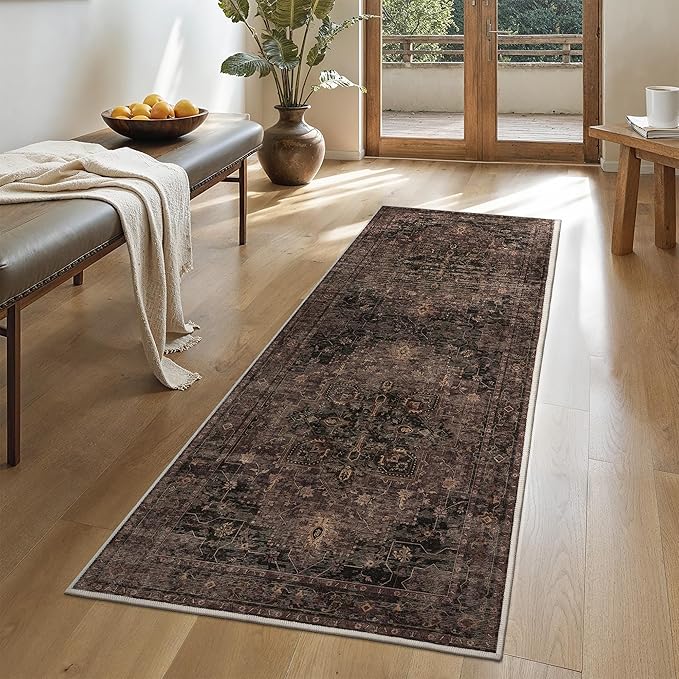 GENIMO 2'6"x6 Runner Rugs for Hallway, Machine Washable Non Slip Vintage Rugs, Low Pile Lightweight Soft Print Rug for enrtyway, Corridor, Home, Office, Kitchen, Charcoal Brown