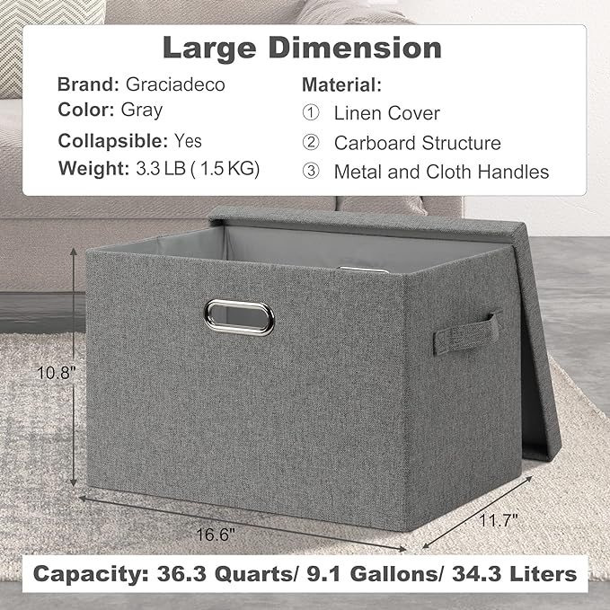 Graciadeco Large 17" 36 Quart Collapsible Stackable Storage Bins with Lids, 5 Packs Gray Foldable Fabric Closet Storage Boxes with Lids, Heavy-duty Linen Cube Baskets(17 x 12 x 11)