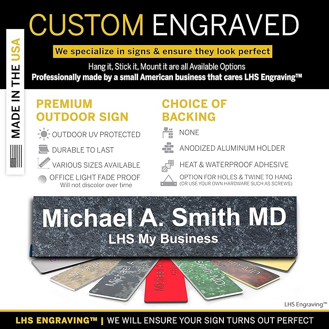 Personalized Name Plate with Choice of Mounting Holders for Walls, Doors, Cubicles, Hanging and More - Custom Mojave Black Plastic White Letters - USA Made 2x6 - N8