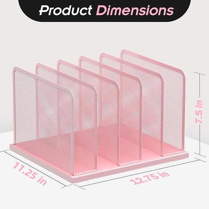 Kuntine.B Desk File Organizer Upright Mesh Desktop Organizer File Sorter Office Organization File Holder for Home, Office & Classroom (Pink, 1 Pack 5-Section)