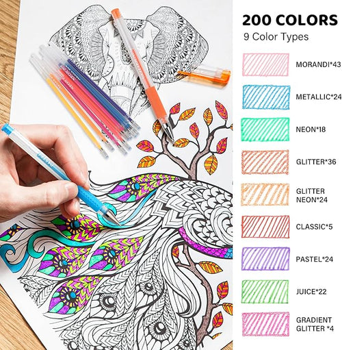 200 Colors Gel Pen Refills, Glitter Neon Gel Ink Pens Refills,Replace Cartridges for Gel Pens Set,9 Color Type for Adult Coloring Books Drawing Doodling Crafts Scrapbooking Journaling,No Repeats