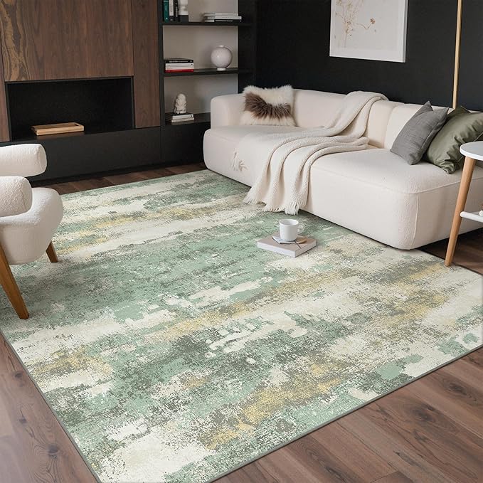 GENIMO No Crease Non Slip 6x9 Area Rugs for Living Room, Craft Woven Modern Abstract Rug, Soft Floor Carpet, Single-Piece Rugs for Bedroom, Dining Room, Office, Green Gray