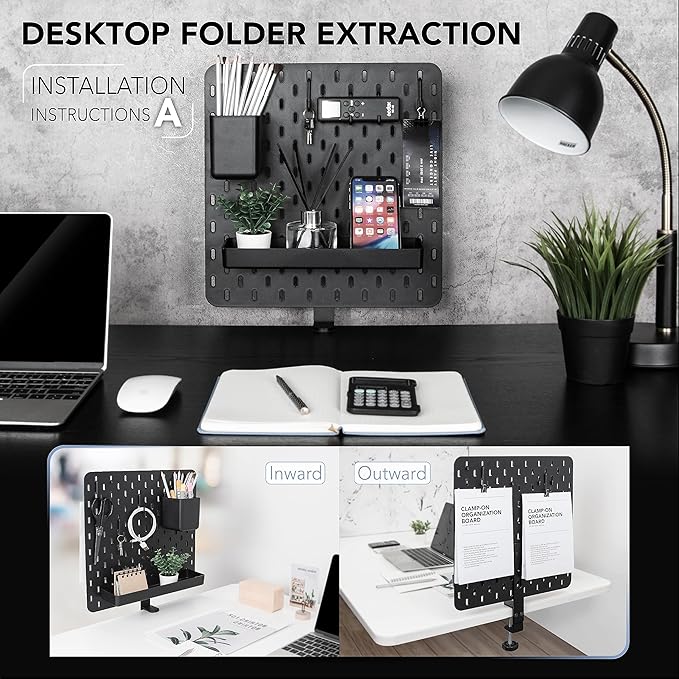 EHO Clamp-On Desk Pegboard, 13.5 x 14 inch Privacy Divider, Desk Partition Panel, No-Drill Desk Mounted Organizer, Combination Peg Board for Office, Gaming, Home, Plants, Black