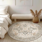 GENIMO 3FT Round Area Rugs for Living Room, Circle Rugs Machine Washable Low Pile, Chenille Non Slip Vintage Rug for Bedroom, Dining Room, Home Office, Light Taupe Brown