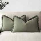 Foindtower Set of 2 Decorative Linen Fringe Throw Pillow Covers Boho Farmhouse Cushion Cover with Tassels Accent Pillowcase for Couch Bed Sofa Living Room Home Bedroom Decor, 12×24 Inch, Olive Green