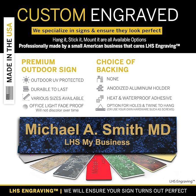 Custom Name Plate for Doors, with Choice of Mounting Holders for Walls, Doors, Cubicles, Hanging and More - Personalized Celestial Blue Plastic Gold Letters - USA Made 2x6 - S1
