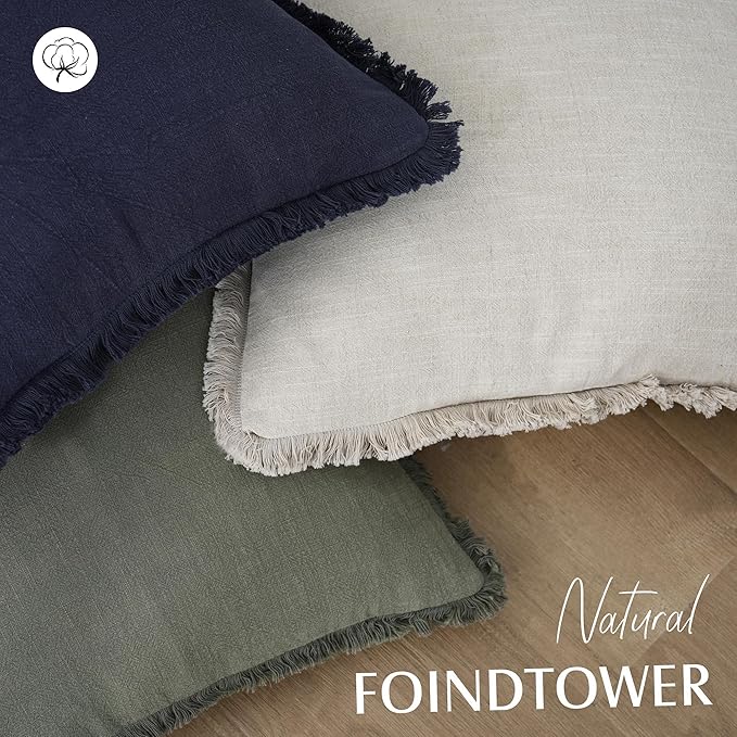 Foindtower Set of 2 Decorative Linen Fringe Throw Pillow Covers Cozy Boho Farmhouse Cushion Cover with Tassels Soft Accent Pillowcase for Couch Sofa Living Room Home Decor, 26×26 Inch, Natural Beige