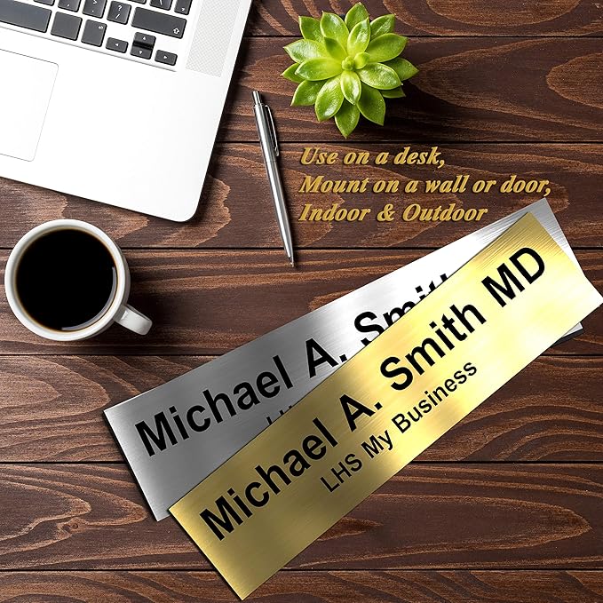 Personalized Name Plate with Choice of Mounting Holders for Walls, Doors, Cubicles, Hanging and More - Custom Yellow Plastic Black Letters - USA Made 2x12 - B4