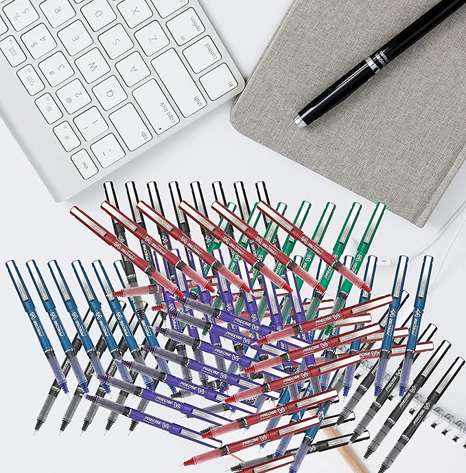 Precise V7 Rolling Ball Stick Pens, Fine Point 0.7mm Assorted Color Red Ink, Black and Blue 7 pack, Fine Point Stick Pen for Precise Writing Bundle with Free Reusable Plastic pouches