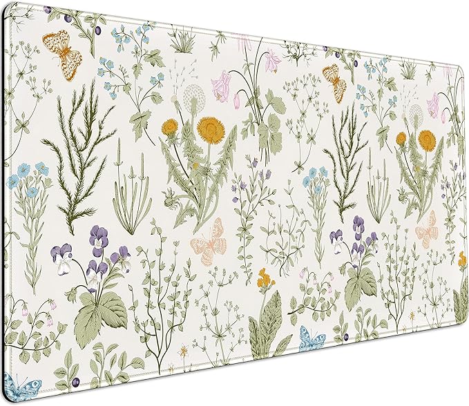 Cute Flowers Desk Mat Pressed Dried Floral Mouse Pad Neutral Beige Sage Green XXL Large Extended Gaming Mousepad Deskmat 31.5x15.75 in, Laptop Keyboard and Mouse Mat for Women Office Gamer Girl